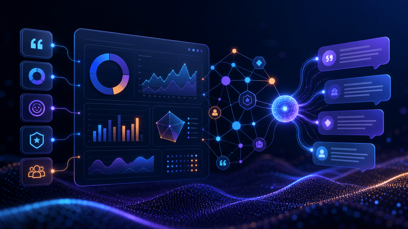 Painel conceitual de métricas conectado a respostas de inteligência artificial