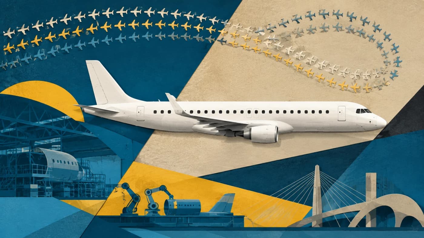 Ilustração em recortes de papel mostra jato regional, linha de montagem e sequência de aeronaves.