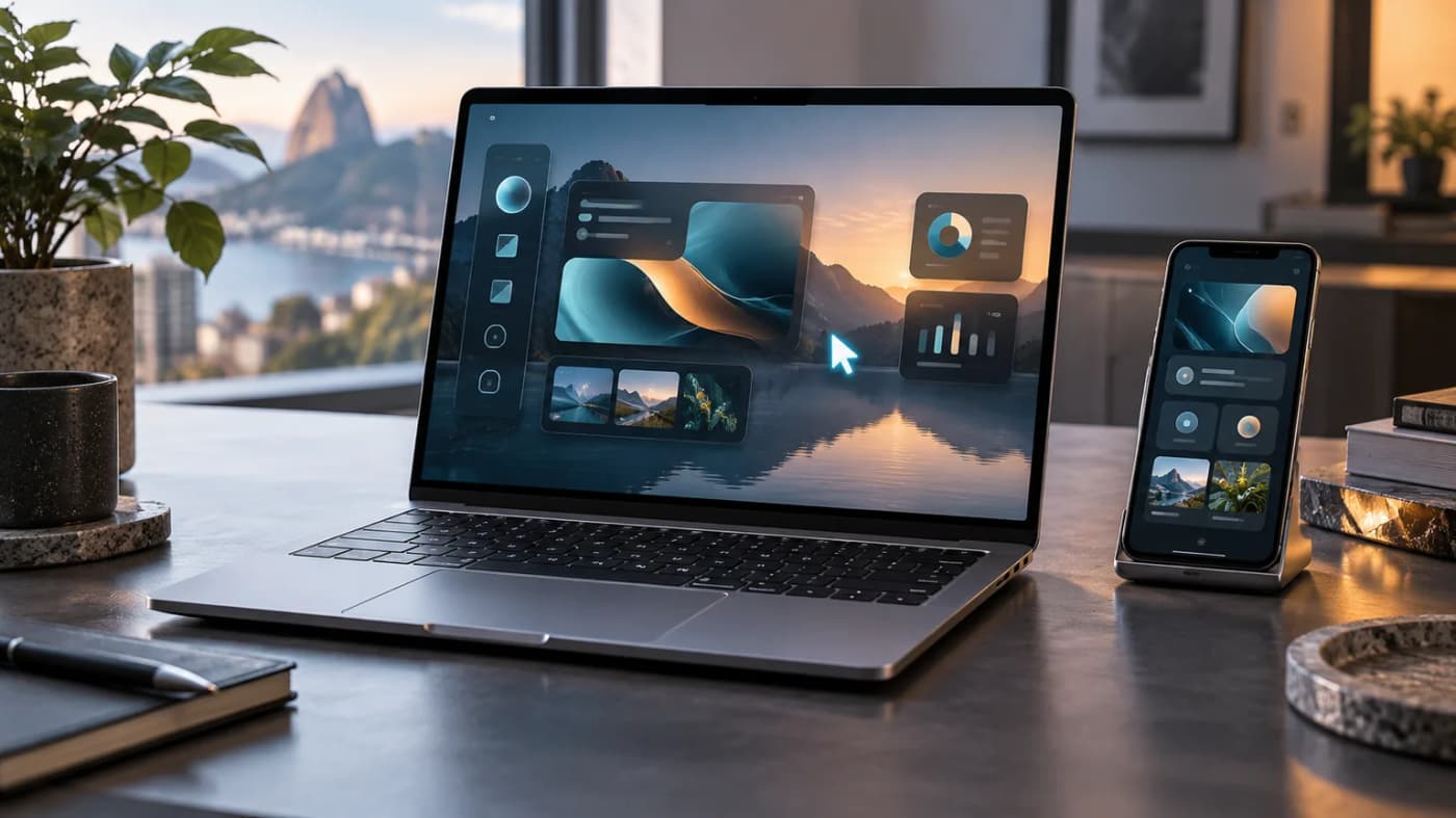 Notebook premium genérico exibe widgets abstratos ao lado de um smartphone, simbolizando a integração entre Android e IA.