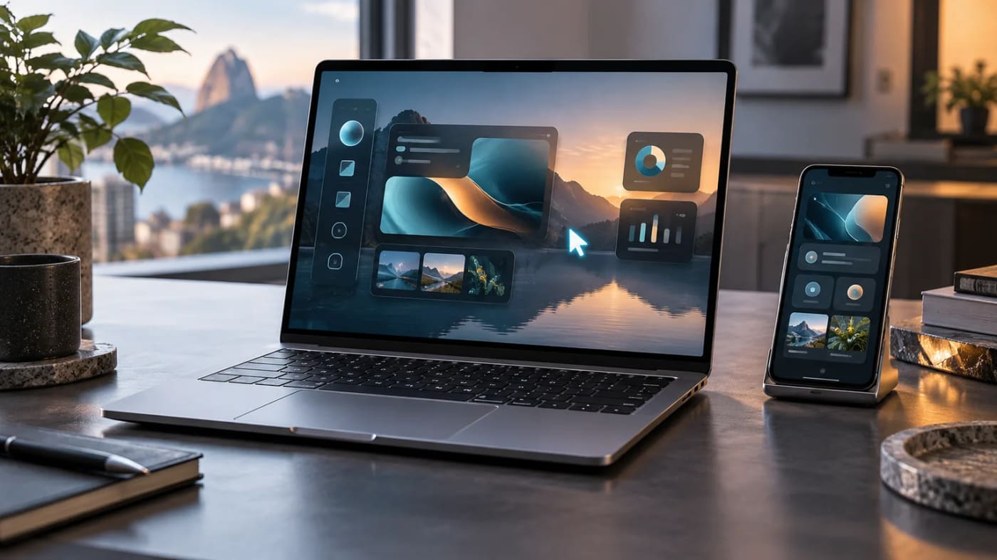 Notebook premium genérico exibe widgets abstratos ao lado de um smartphone, simbolizando a integração entre Android e IA.